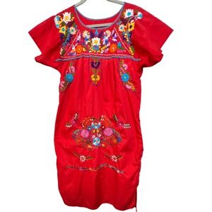 Mexican Puebla Dress Red Floral Hand Embroidered Boho Tunic Short Sleeve